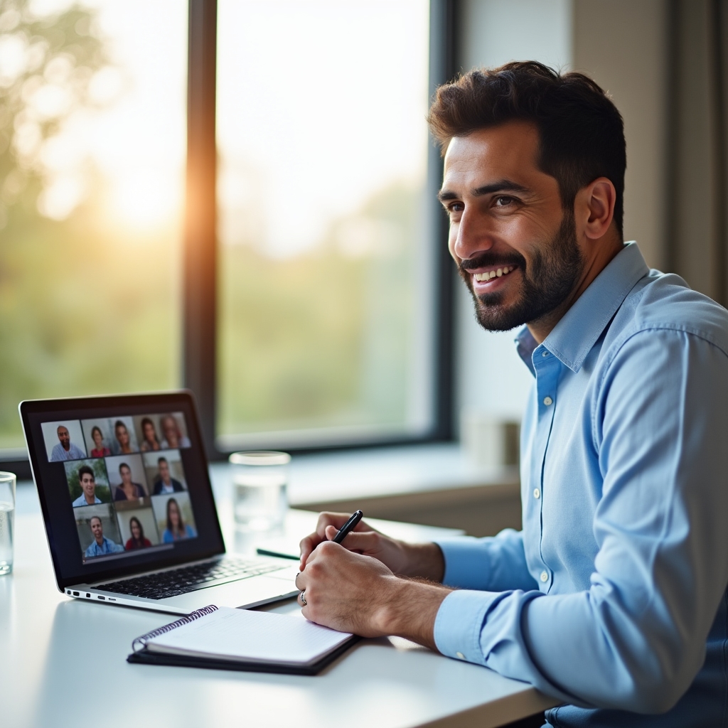 Online mentorské sezení s více účastníky na obrazovce notebooku